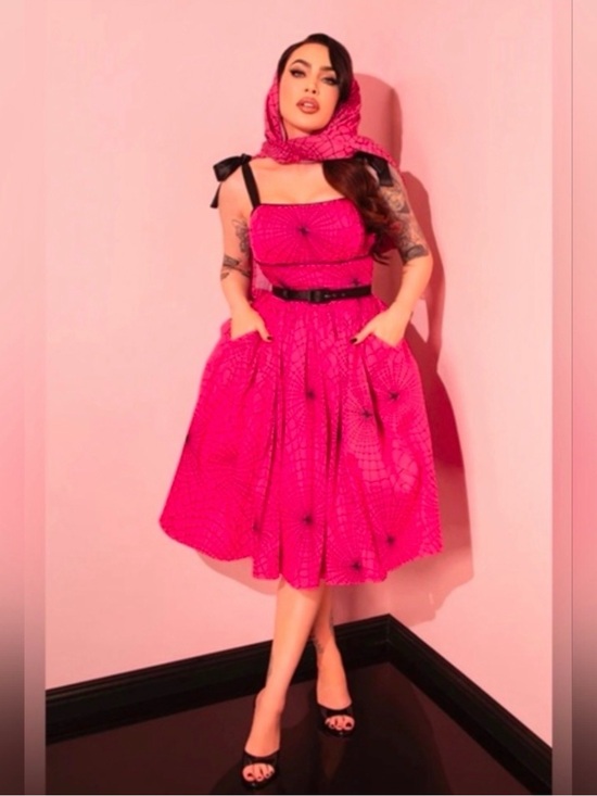 Vixen by Micheline Pitt Dresses & Skirts - 1950S SWING SUNDRESS AND SCARF IN HOT PINK SPIDER WEB PRINT